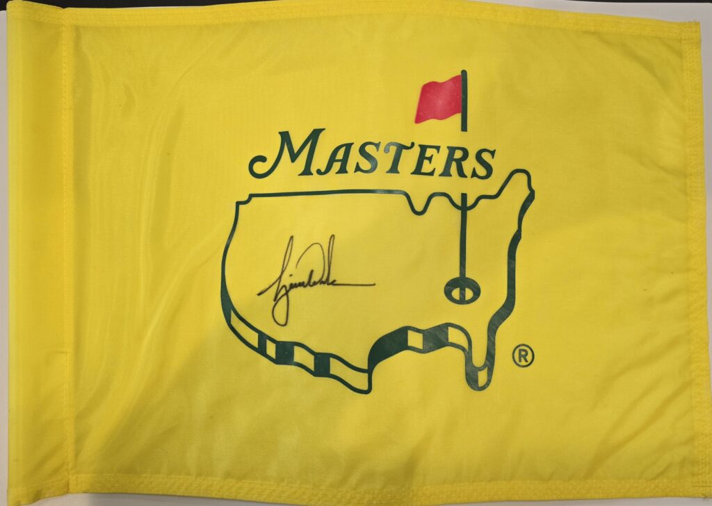 This is a 2019 Masters Tournament used flag from the 11th Hole 2nd round Signed by Tiger Woods